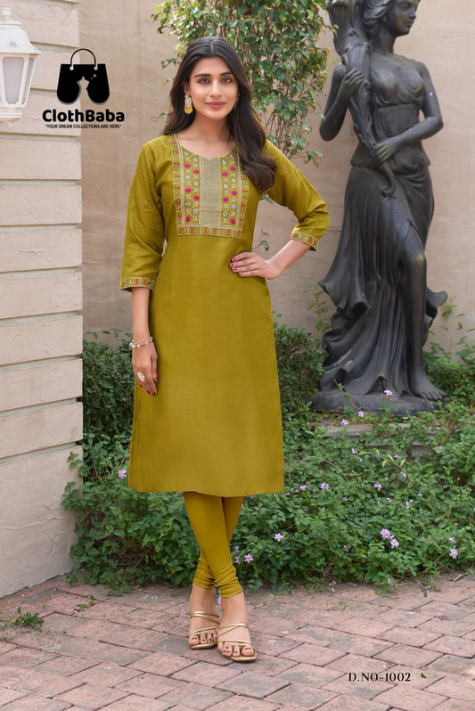 Elegant Mustard Cotton Kurti  – Floral Embroidery Neck Design
