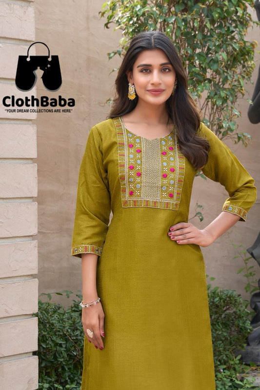 Elegant Mustard Cotton Kurti  – Floral Embroidery Neck Design