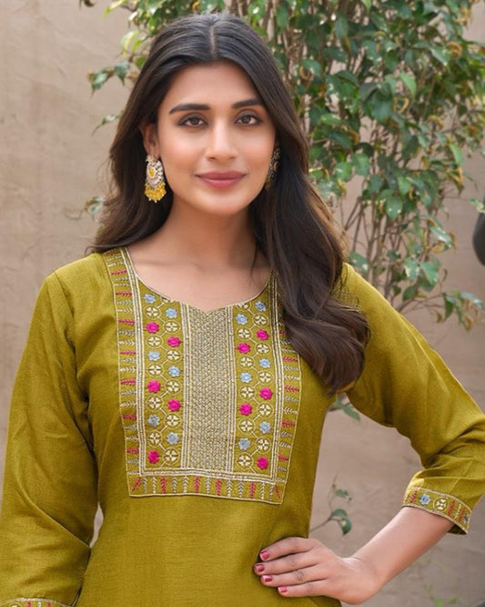 Elegant Mustard Cotton Kurti  – Floral Embroidery Neck Design