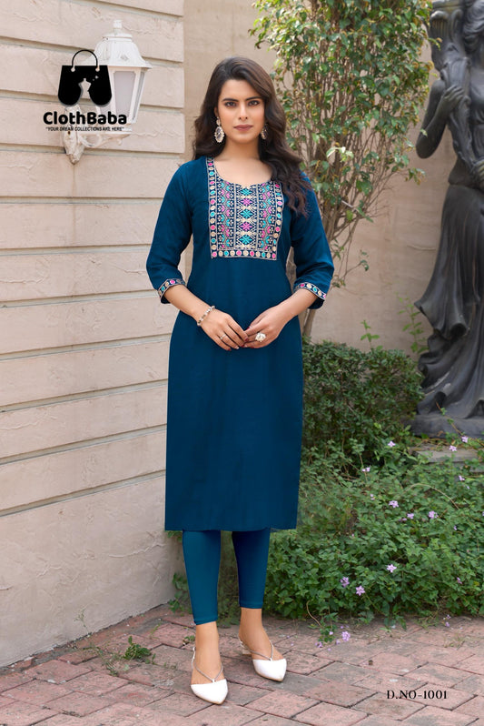 Teal Blue Ethnic Embroidered Straight Kurti