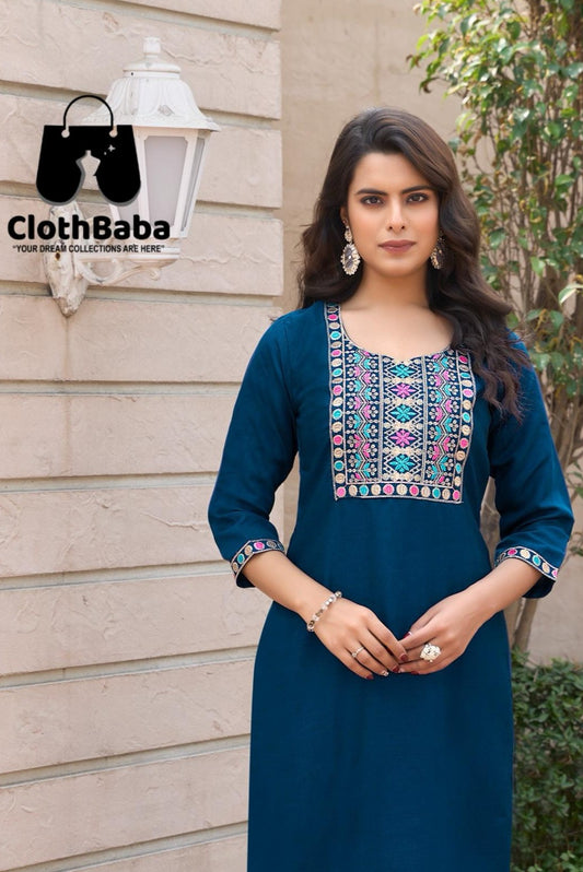 Teal Blue Ethnic Embroidered Straight Kurti