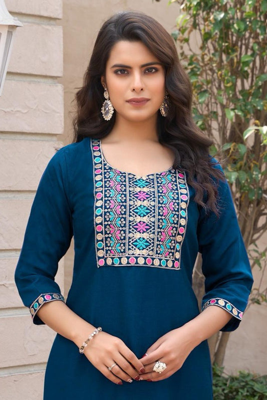 Teal Blue Ethnic Embroidered Straight Kurti