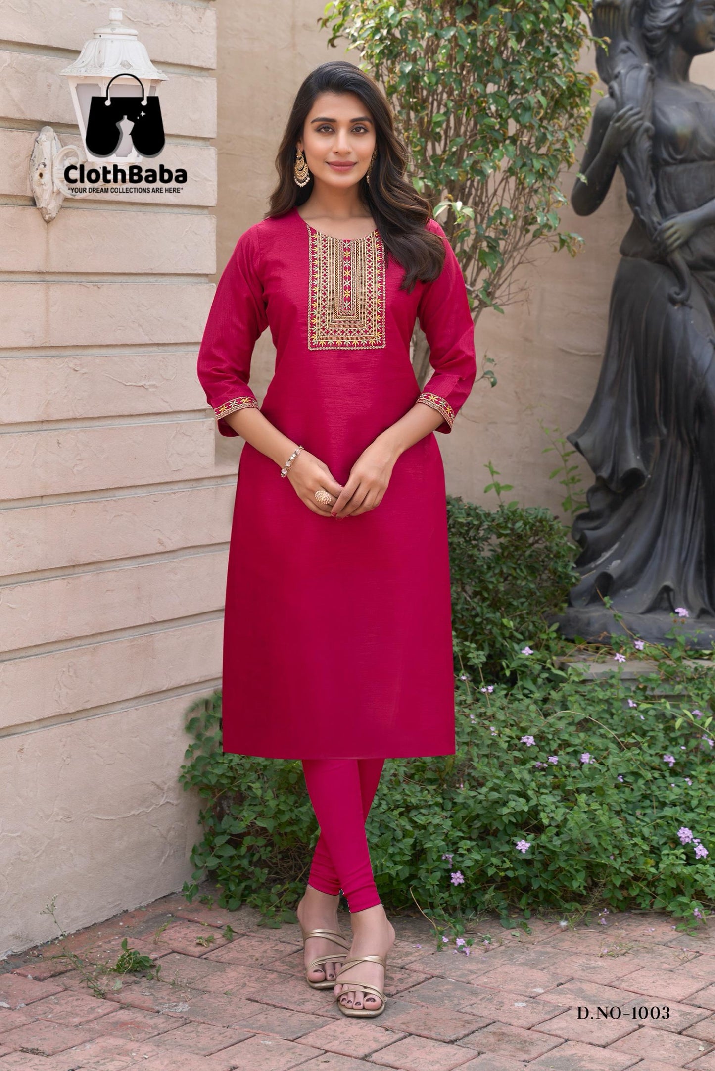 Pink Embroidered Straight Kurti