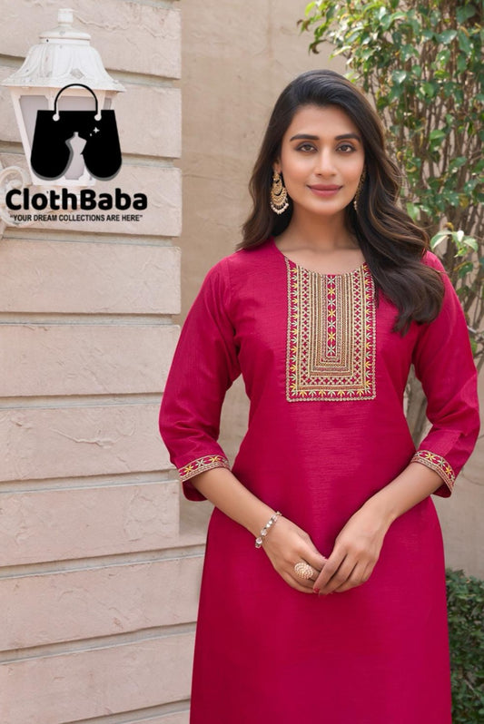 Pink Embroidered Straight Kurti