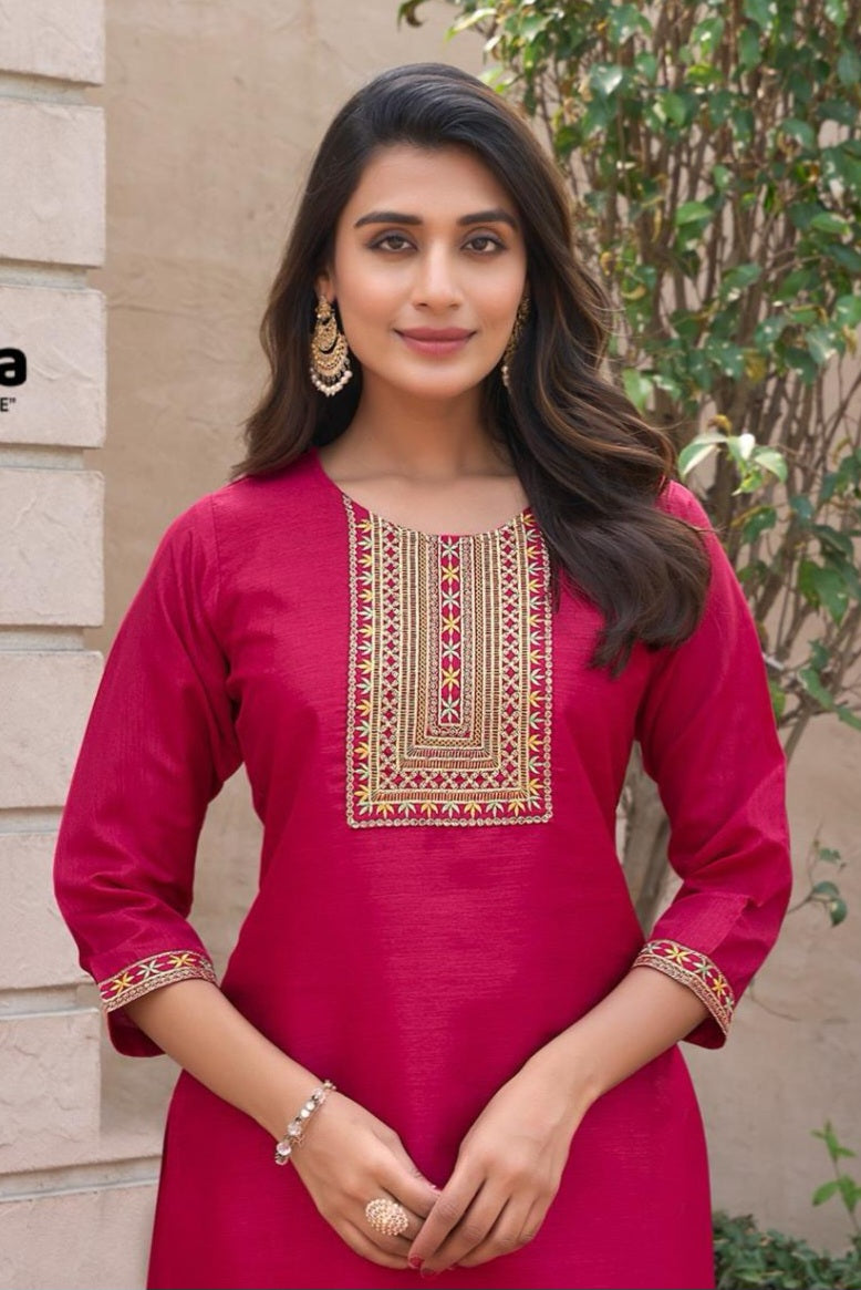 Pink Embroidered Straight Kurti