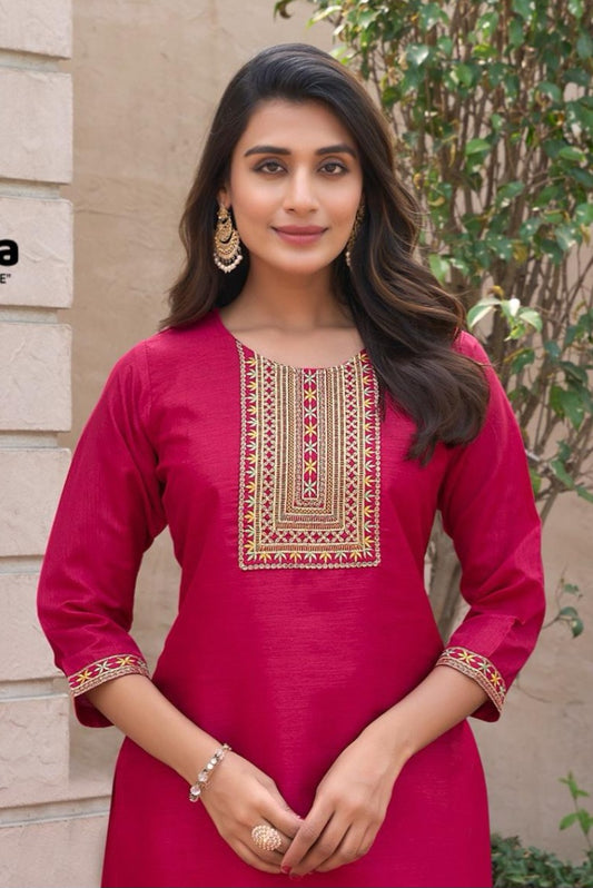 Pink Embroidered Straight Kurti
