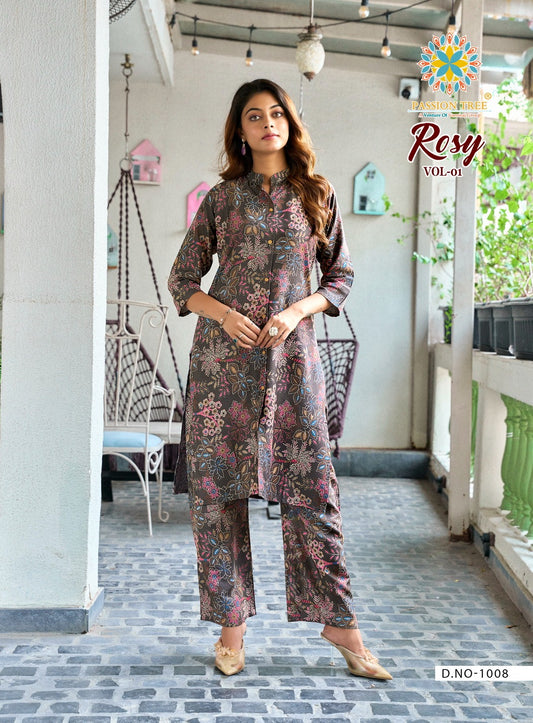 Coffee Brown Floral Printed Kurti with Straight Pants