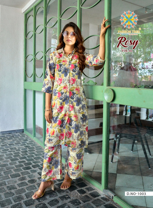 Cream Multicolor Floral Printed Kurti with Matching Straight Pants