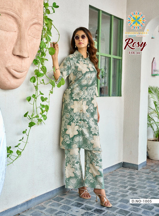 Green & Beige Floral Printed Kurti with Matching Straight Pants