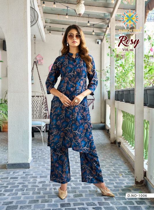 Navy Blue Floral Printed Kurti with Matching Palazzo Set