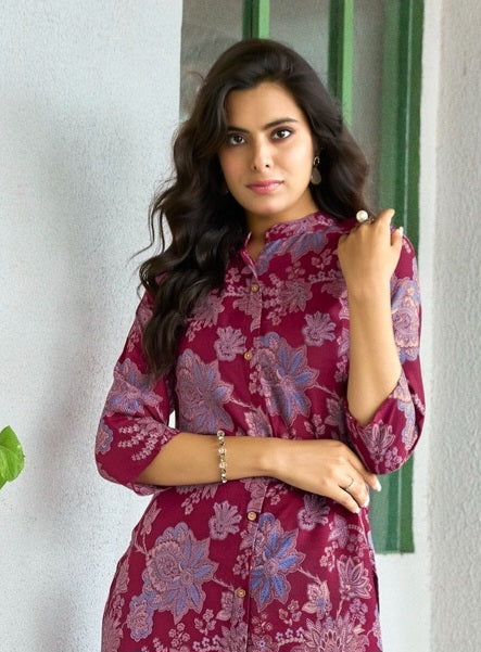 Maroon Floral Printed Kurti with Matching Straight Pants