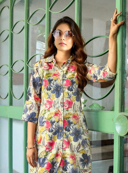 Cream Multicolor Floral Printed Kurti with Matching Straight Pants