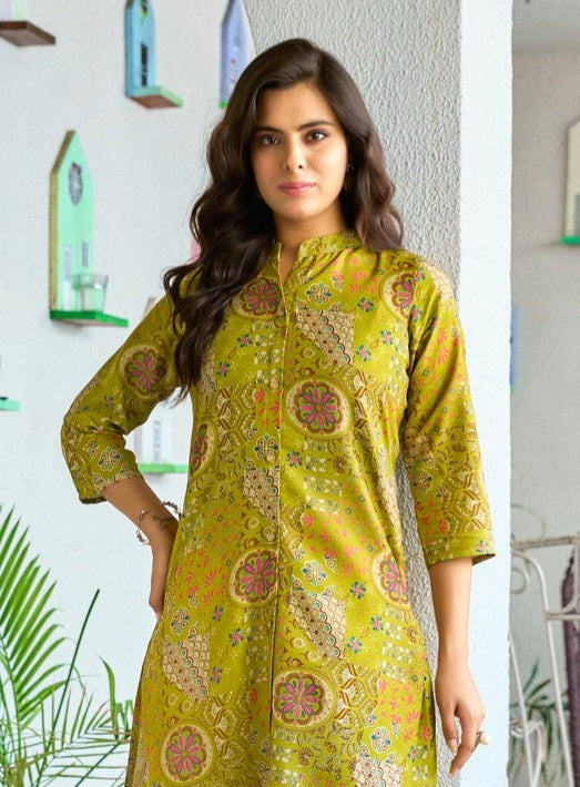 Olive Green Geometric & Floral Printed Kurti