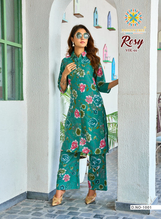 Teal Green Floral Printed Kurti with Palazzo Set