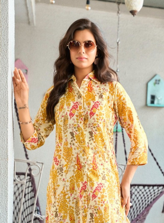 Sunshine Yellow & Pink Floral Printed Kurti