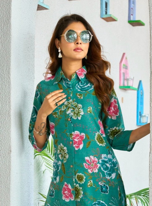 Teal Green Floral Printed Kurti with Palazzo Set