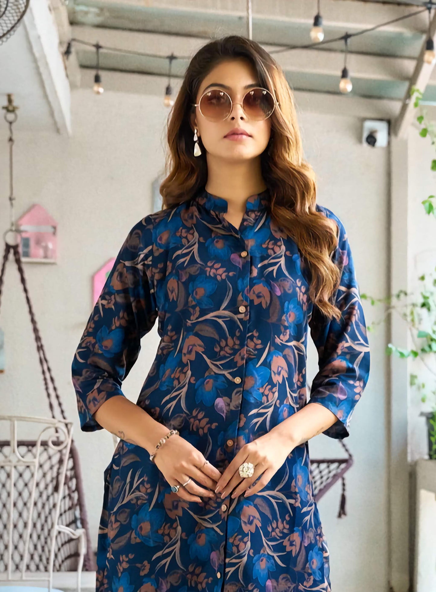 Navy Blue Floral Printed Kurti with Matching Palazzo Set
