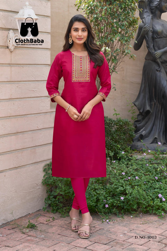 Pink Embroidered Straight Kurti
